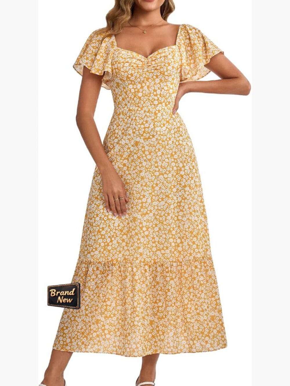 Women Floral Maxi Dress Boat Neck Flutter Sleeve Smocked Back Ruffle Hem A-Line
